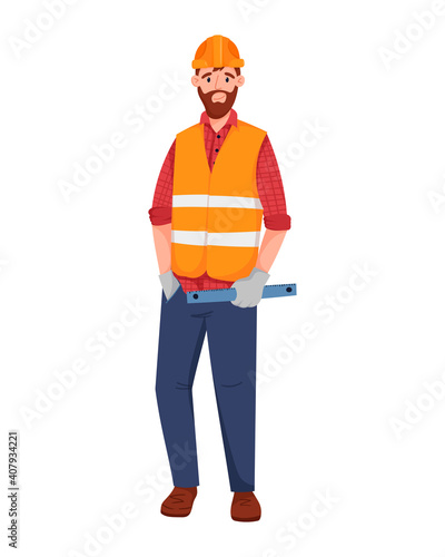 Vector illustration of a full-length male worker wearing a orange reflective work vest. A road or construction worker in a safety helmet is holding a ruler in his hands. Bright cartoon illustration.