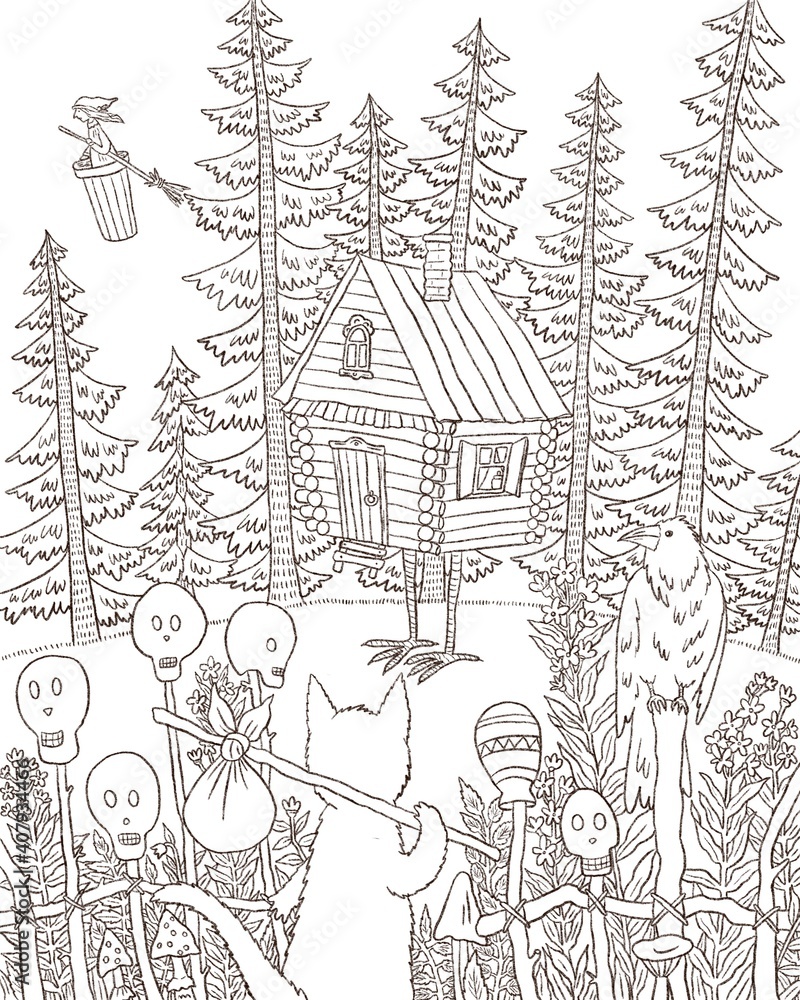 A cat in a fairy forest and a house on chicken legs. Coloring. Black and white digital illustration. Cute illustration for the decor and design of posters, postcards, prints, stickers, invitations.