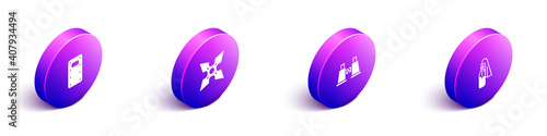Set Isometric Military assault shield, Japanese ninja shuriken, Binoculars and Cocktail molotov icon. Vector.