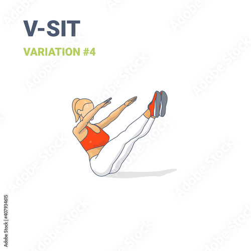 Navasana Woman Home Workout Exercise Guide Illustration Colorful Concept of V-Sit or Boat Girl Yoga Pose