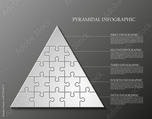 five levels pyramid puzzle presentation infographic template with explanatory text field for business statistics illustration