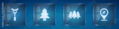 Set Sausage on the fork, Forest, and Compass. Square glass panels. Vector.