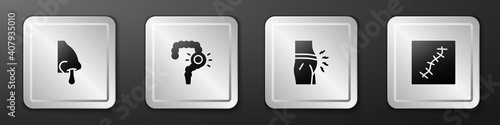 Set Runny nose, Gut constipation, Abdominal bloating and Scar with suture icon. Silver square button. Vector.
