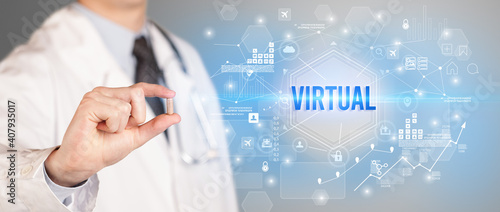 Doctor giving a pill with VIRTUAL inscription, new technology solution concept