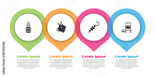 Set Camping gas stove, Cow head, Grilled shish kebab and Barbecue grill. Business infographic template. Vector.