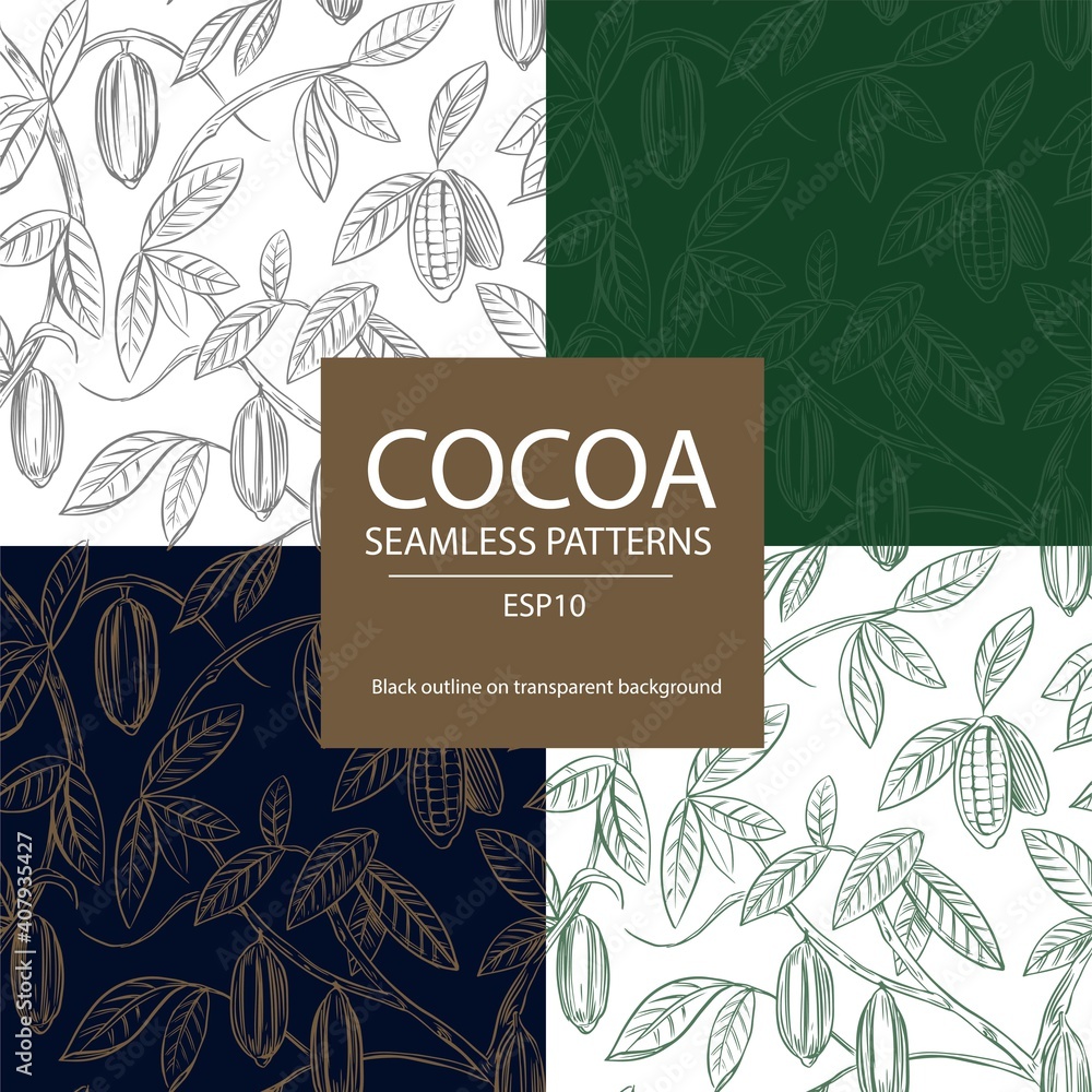 Fototapeta premium Cocoa plant seamless pattern. Cacao bean. Vector illustration