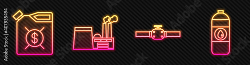 Set line Industry pipes and valve, Canister for motor machine oil, Oil industrial factory building and Canister for motor machine oil. Glowing neon icon. Vector.