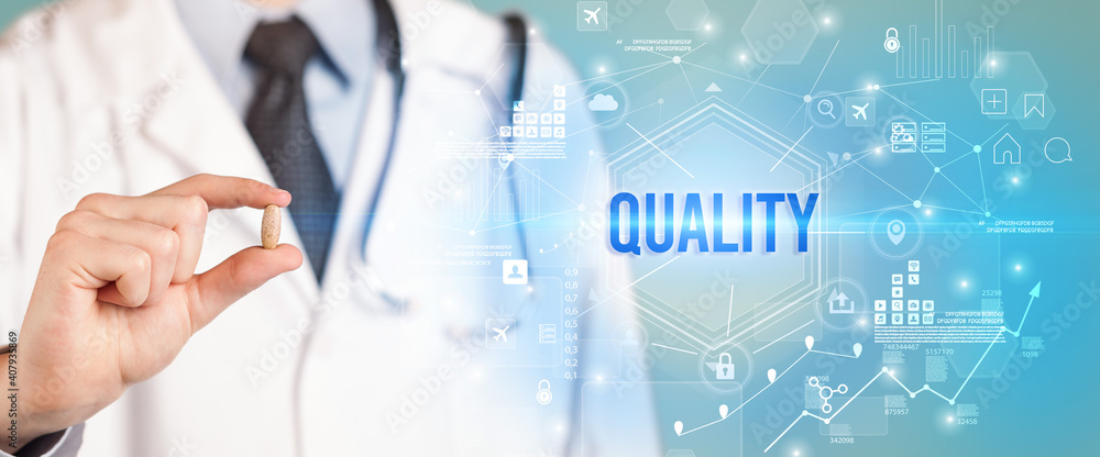 Doctor giving a pill with QUALITY inscription, new technology solution concept Doctor giving a pill with QUALITY inscription, new technology solution concept