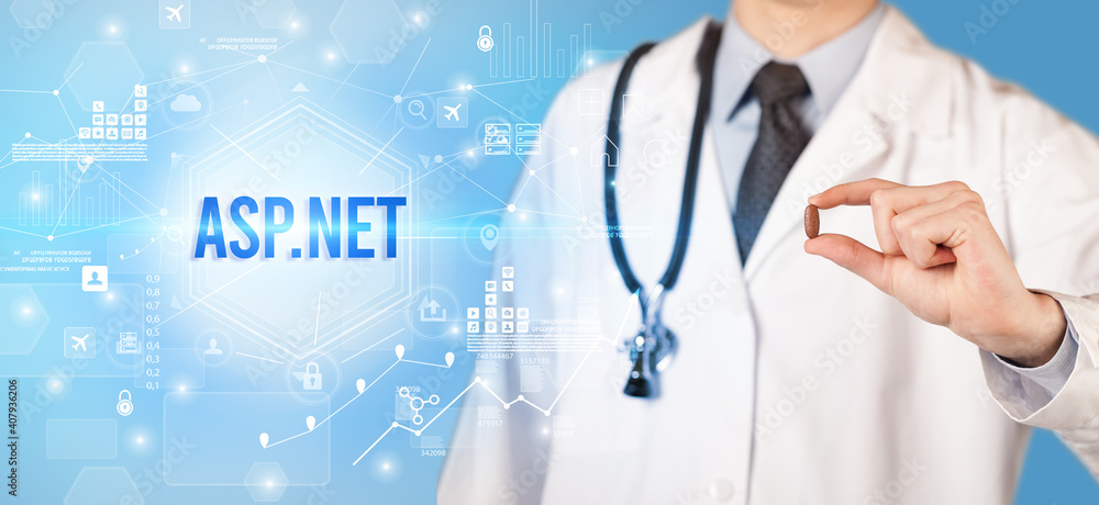 Doctor giving a pill with ASP.NET inscription, new technology solution concept Doctor giving a pill with ASP.NET inscription, new technology solution concept