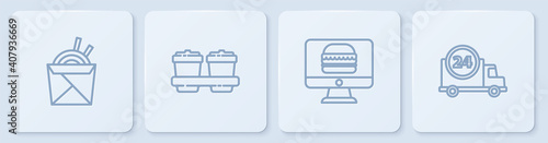 Set line Asian noodles and chopsticks, Online ordering delivery, Coffee cup to go and Fast by car. White square button. Vector.