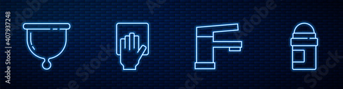 Set line Water tap, Menstrual cup, Cleaning service and Antiperspirant deodorant roll. Glowing neon icon on brick wall. Vector.