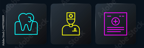 Set line Tooth with caries, Clinical record and Male doctor. Black square button. Vector.