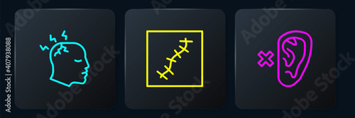 Set line Man having headache, Deaf and Scar with suture. Black square button. Vector.