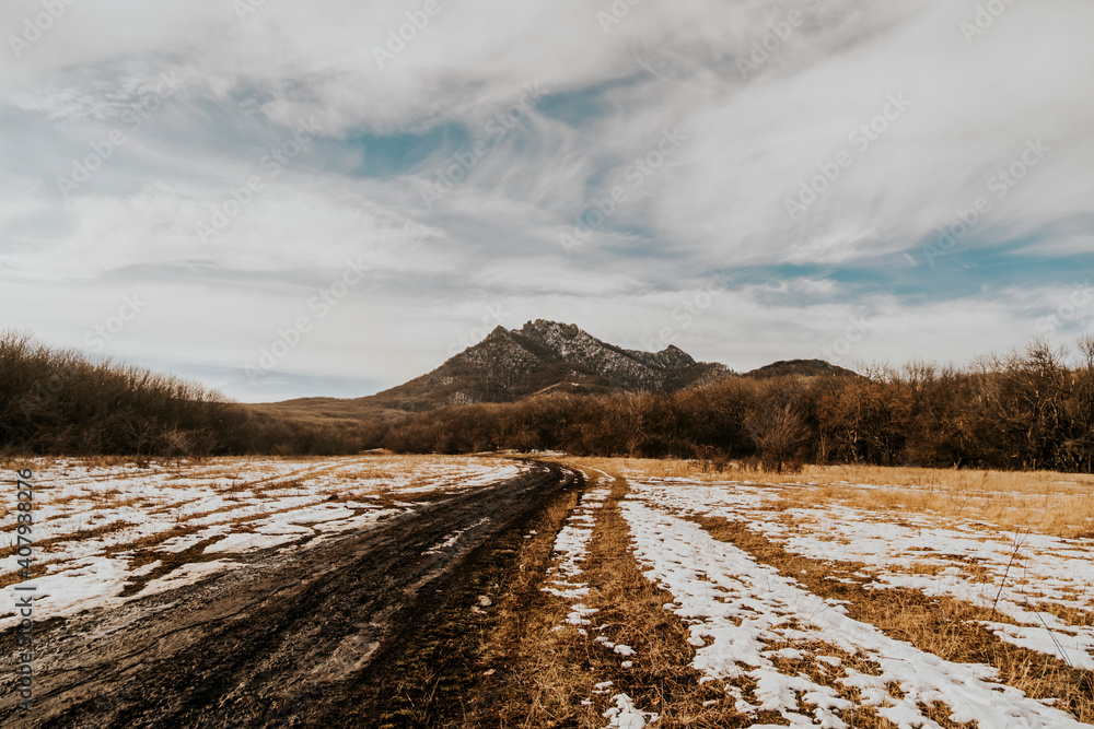 Winter landscape of mountains. Mount Beshtau, city of Pyatigorsk, Caucasus. Winter landscape of mountains. Mount Beshtau, city of Pyatigorsk, Caucasus.