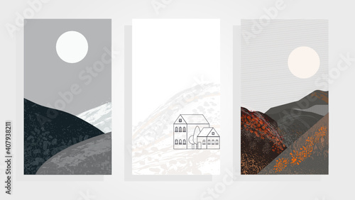 mountain landscapes with house vector set
