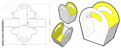 Folding Box With Handle (Internal measurement 12x10x10cm) and Die-cut Pattern. The .eps file is full scale and fully functional. Prepared for real cardboard production.