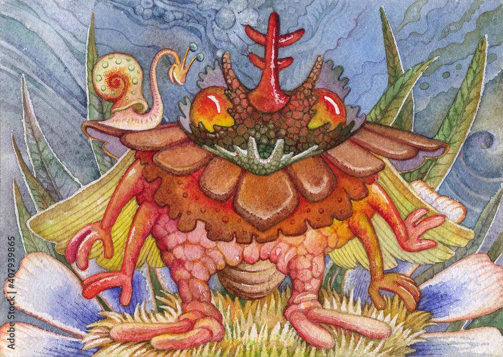Obraz premium Fabulous animalistic plot. The composition of the three objects. (Beetle, snail, flowers.) Watercolor drawing. Illustration for children.