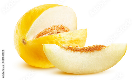 Yellow melon with cut out slice isolated on white background with clipping path.