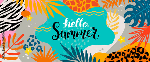 Hello summer 2020 greeting banner, lettering among tropical palm leaves and animal print. Summertime background,Template for your design. Vector illustration.