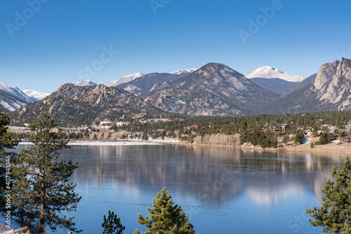 View of Estes Park  Colorado across Lake Estes
