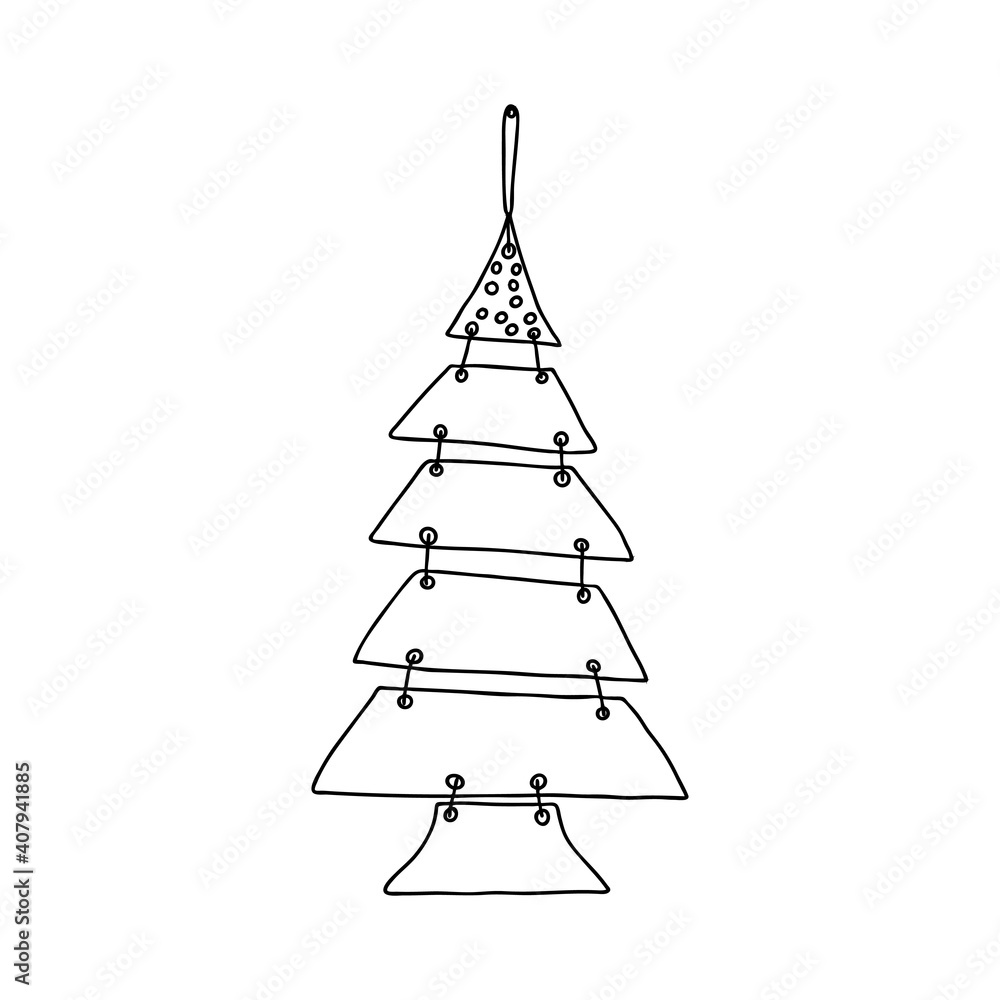 Fototapeta premium Black outline hand drawing vector illustration of a carved Christmas fir tree with copy space isolated on a white background