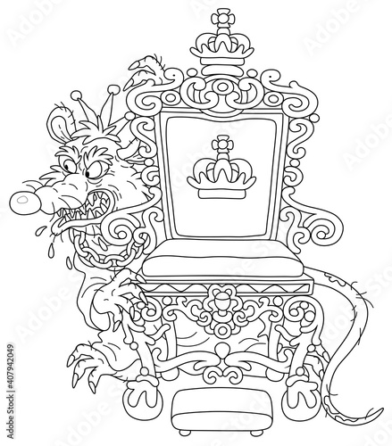 Spiteful and insidious old rat king with a shabby tail, wearing a crown and a chain, grinning from behind a royal throne, black and white outline vector cartoon illustration