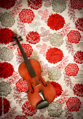 Violin viola on floral pattern background 