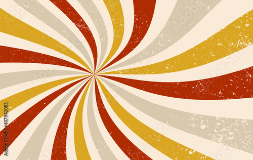 Retro groovy sunburst vector background, spiral swirls of red, fortuna gold, beige, gray, and white colors with old vintage grunge texture