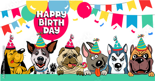 Friends colorful vector illustration. Funny funny dogs congratulate happy birthday surrounded by balloons and flags