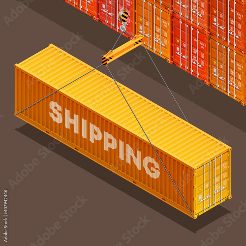 3D Isometric shipping cargo 40 ft container with closed doors. Large metal 40 foot containers for transportation. Delivery of cargo shipping. illustration