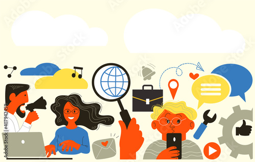 Vector flat illustration. Internet communication, find friends on social networks, chat, website, messages, videos, news, messages.