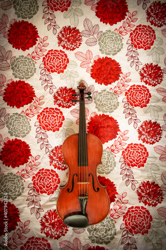 Violin viola on floral pattern background 