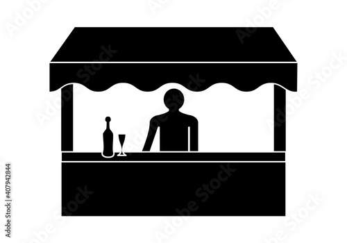 Icono de bar o pub con camarero, una botella y una copa sobre la barra sobre fondo blanco photo