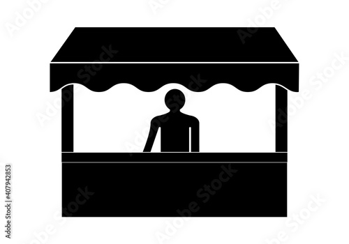 Icono de comerciante o tendero en el comercio, tienda o negocio esperando a los clientes sobre fondo blanco