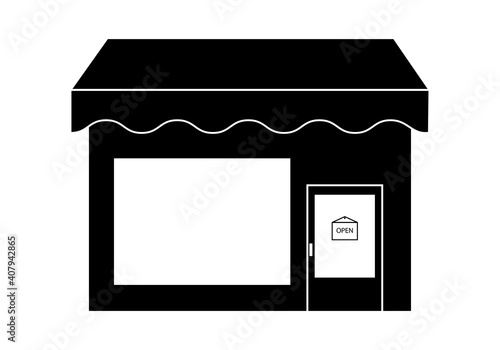 Icono de tienda, comercio o negocio con letrero de abierto en la puerta y toldo sobre fondo blanco