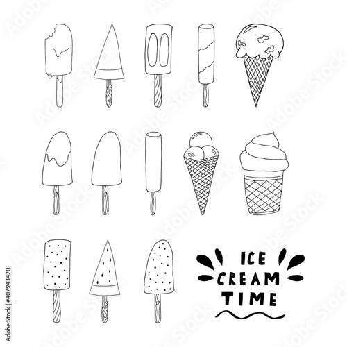 Hand drawn Ice cream food isolated on white background. Ice cream set Vector illustration in doodle style. Freehand drawing