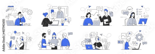 Creative set of outline vector illustrations depicting business people communicating with each other and customers. Simple style vector illustrations isolated on white background,