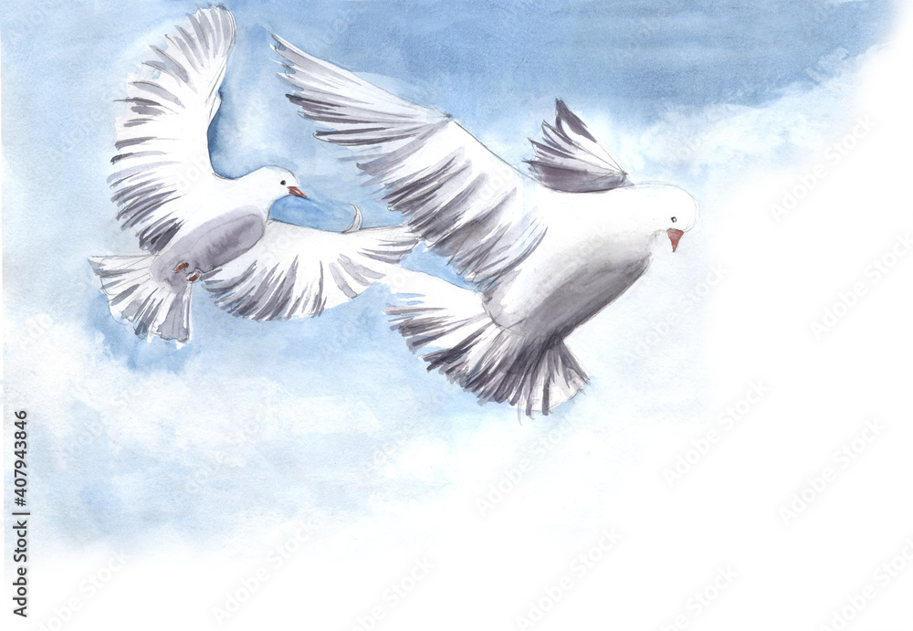 Obraz premium Watercolor landscape of tender blue sky with blurry white clouds and flying snow-white doves with spreading wings. Hand drawn symbol of love. Hand drawn illustration with wedding tradition