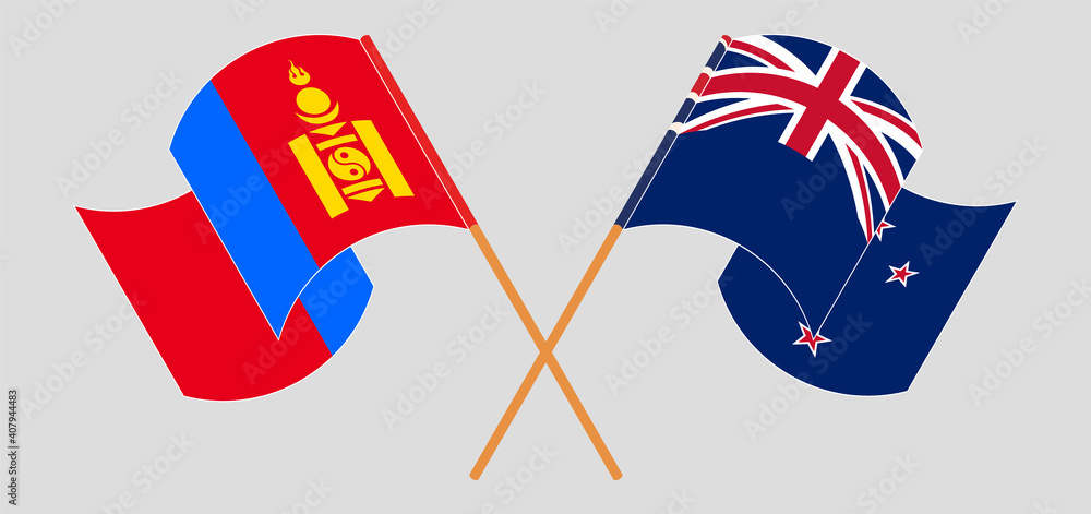Crossed and waving flags of Mongolia and New Zealand Crossed and waving flags of Mongolia and New Zealand