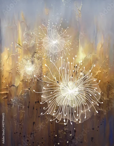 Obraz image of white flowers with watercolors on a gold background with splashes
