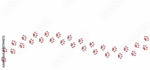 Pink cat paw path isolated on white background. The curved vector path of cat foot prints. The kitten walked through the white snow