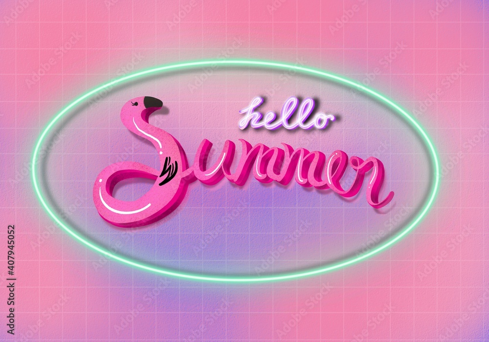 Hello summer with flamingo and neon sign on wall.