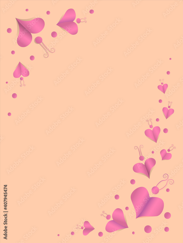 Frame with pink hearts in the form of butterflies and pink circles on a beige background