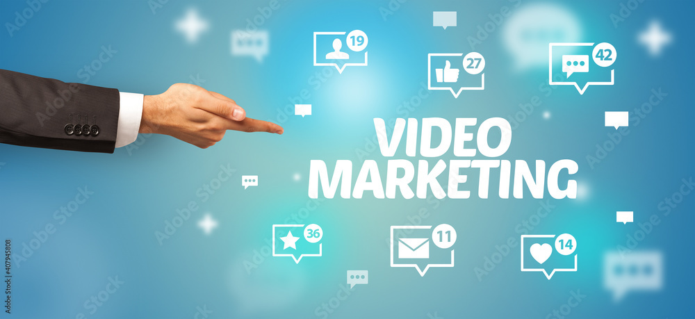 Close-Up of cropped hand pointing at VIDEO MARKETING inscription, social networking concept Close-Up of cropped hand pointing at VIDEO MARKETING inscription, social networking concept