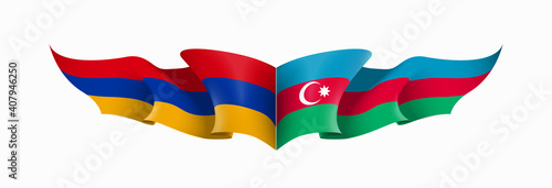 Azerbaijan and Armenia flags state symbols isolated on background national banner. war for independence of Azerbaijan   Armenia. Illustration banner with realistic state flag.