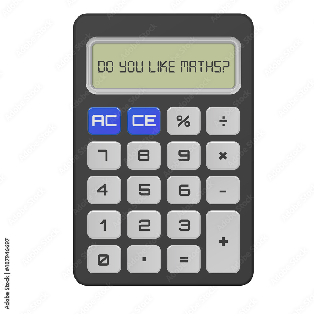 3d illustration calculator isolated on white with screen showing do you like maths? 3d illustration calculator isolated on white with screen showing do you like maths?