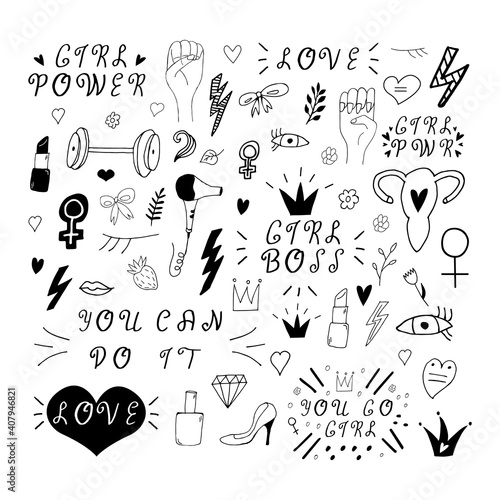 Doodle feminism elements. Set of feminism hand drawn icons on white background. Woman power illustration. Feminist movement,protest. Girl power concept. Vector illustration with random elements