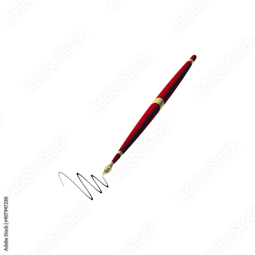 Fountain pen in red trim gold color body with drawing line on paper in white background