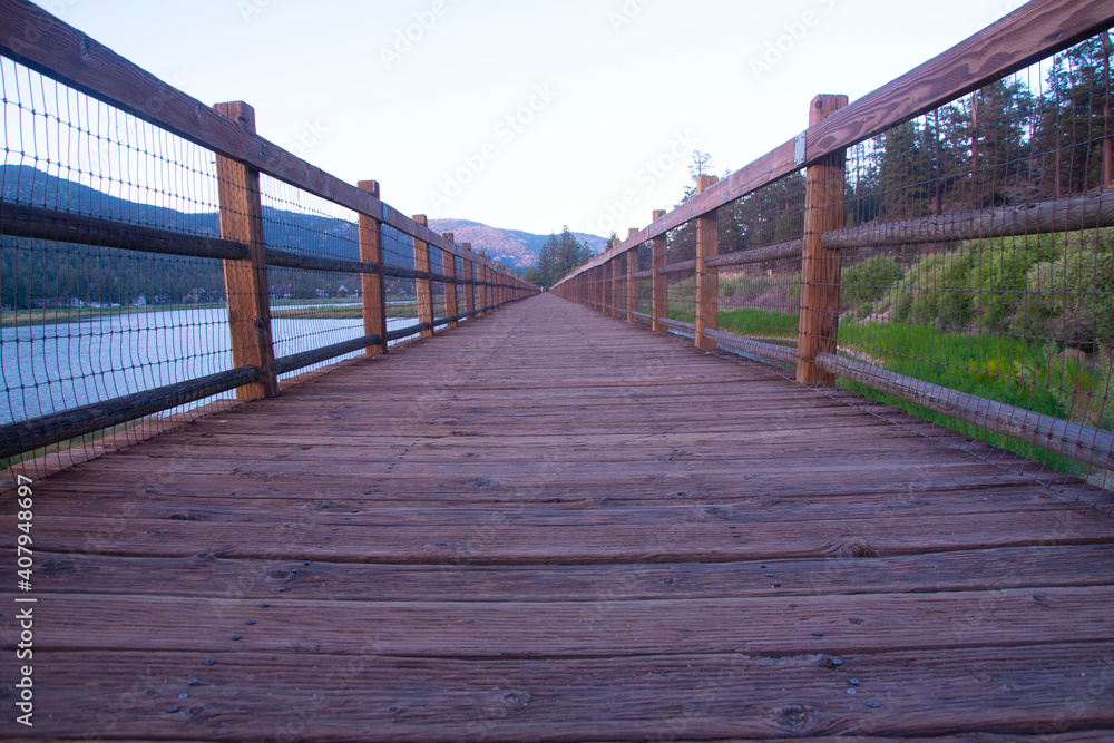 Nature wooden boardwalk near lake