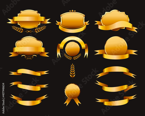 Set of gold banners ribbons and labels. Vector illustration.